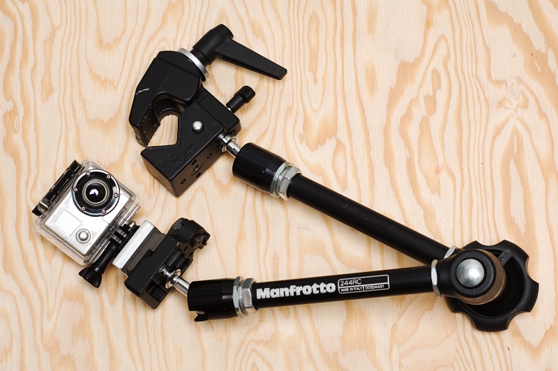 <center>Manfrotto Magic Arm, Superclamp, GoPro, and custom aluminum adapter (plywood optional)</center>